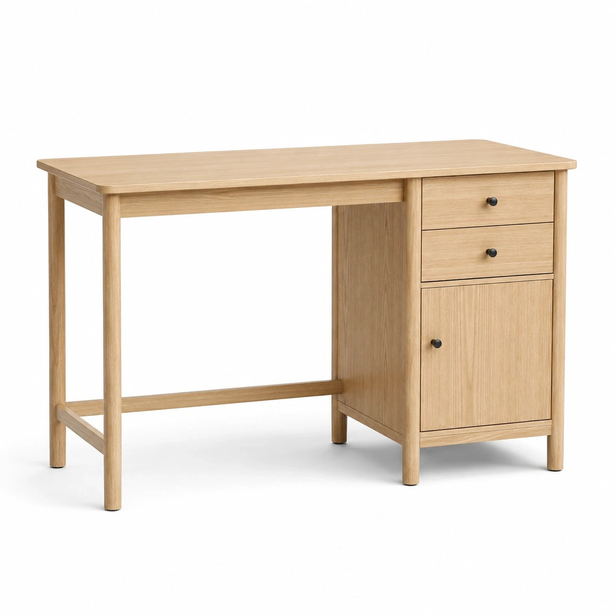 Schreibtisch Natur mit schwarzen Griffen, 120 × 50 × 76 cm, 2 Schubladen und 1 Schrankfach