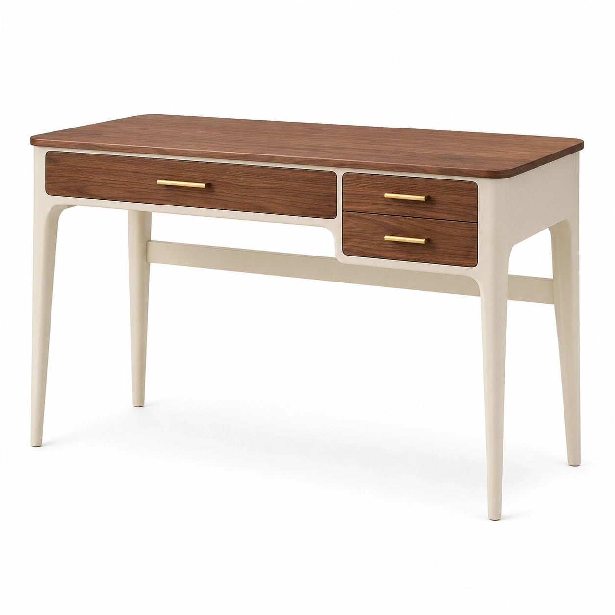 Schreibtisch mit 3 Schubladen, 120 × 55 × 78 cm, Braun/Cremeweiß/Goldfarben, Mid-Century-Stil