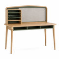 Schreibtisch mit Aufsatz, gepolsterter Rückwand und offenen Ablagefächern, 120 × 60 × 120 cm, Natur/Grün/Beige/Goldfarben