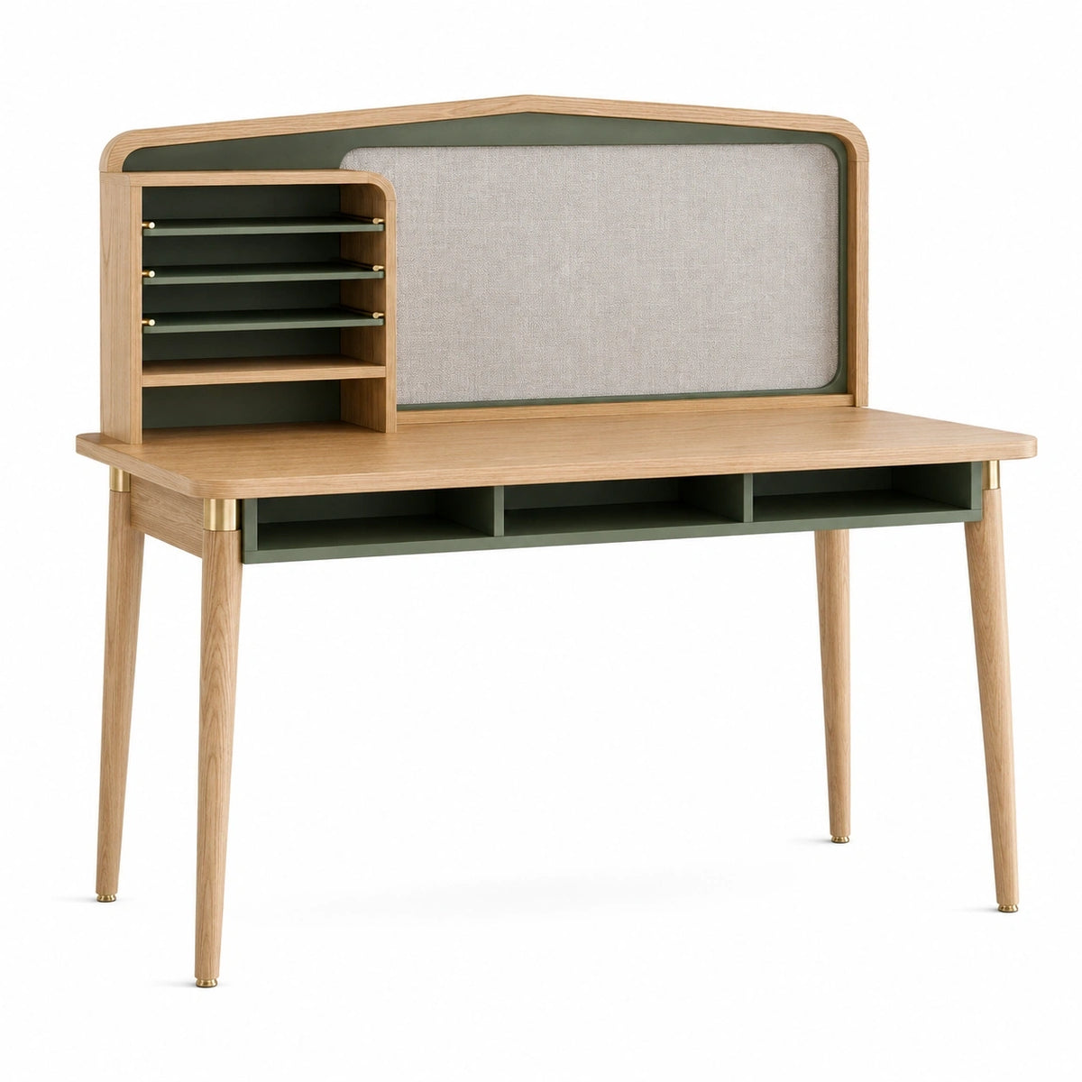 Schreibtisch mit Aufsatz, gepolsterter Rückwand und offenen Ablagefächern, 120 × 60 × 120 cm, Natur/Grün/Beige/Goldfarben