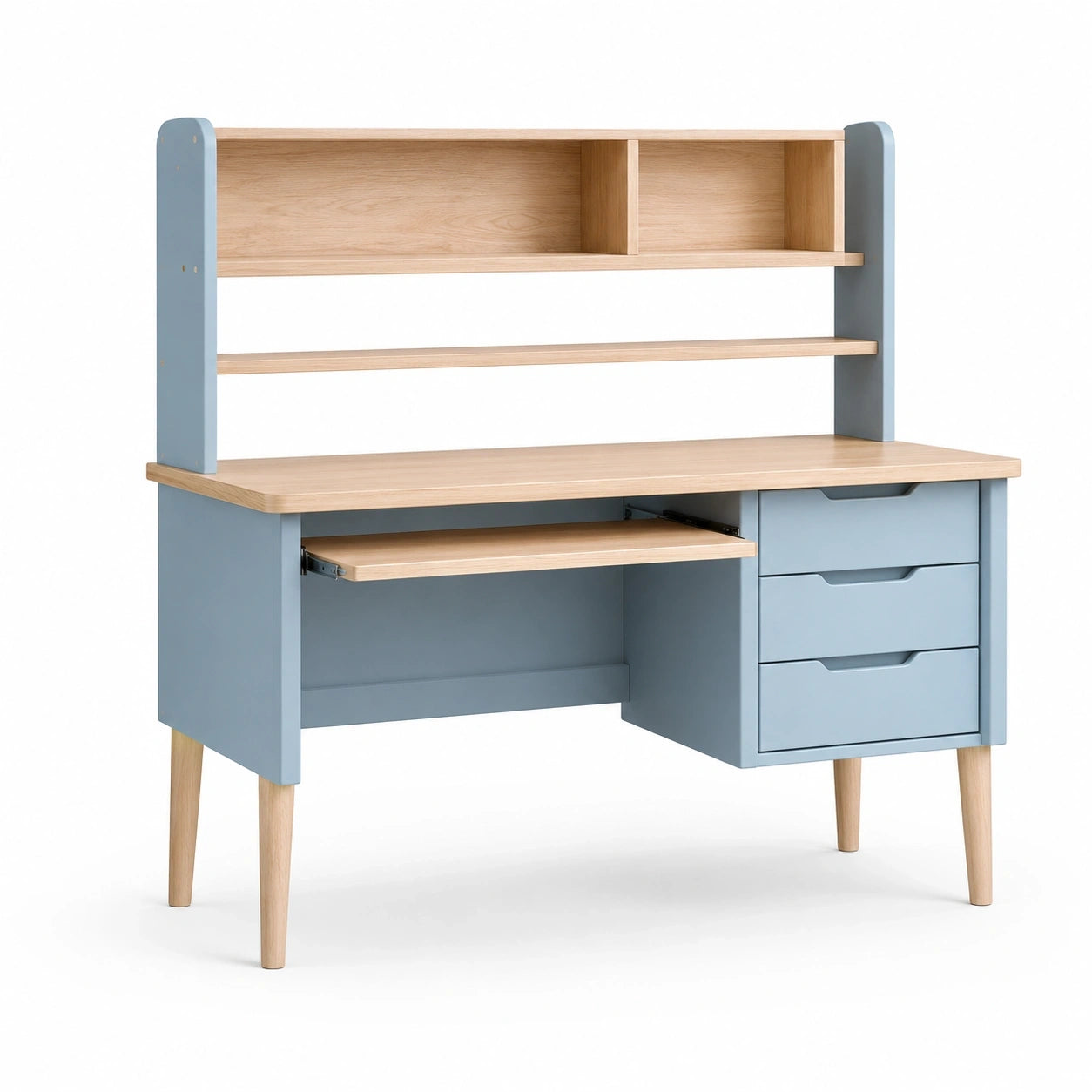 Schreibtisch mit Regalaufsatz, 3 Schubladen und ausziehbarer Ablage, 120 × 60 × 145 cm, Hellblau/Natur
