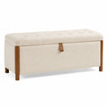Gepolsterte Sitzbank mit Stauraum, 110 × 40 × 45 cm, Bouclé-Bezug in Creme und braune Holzbeine