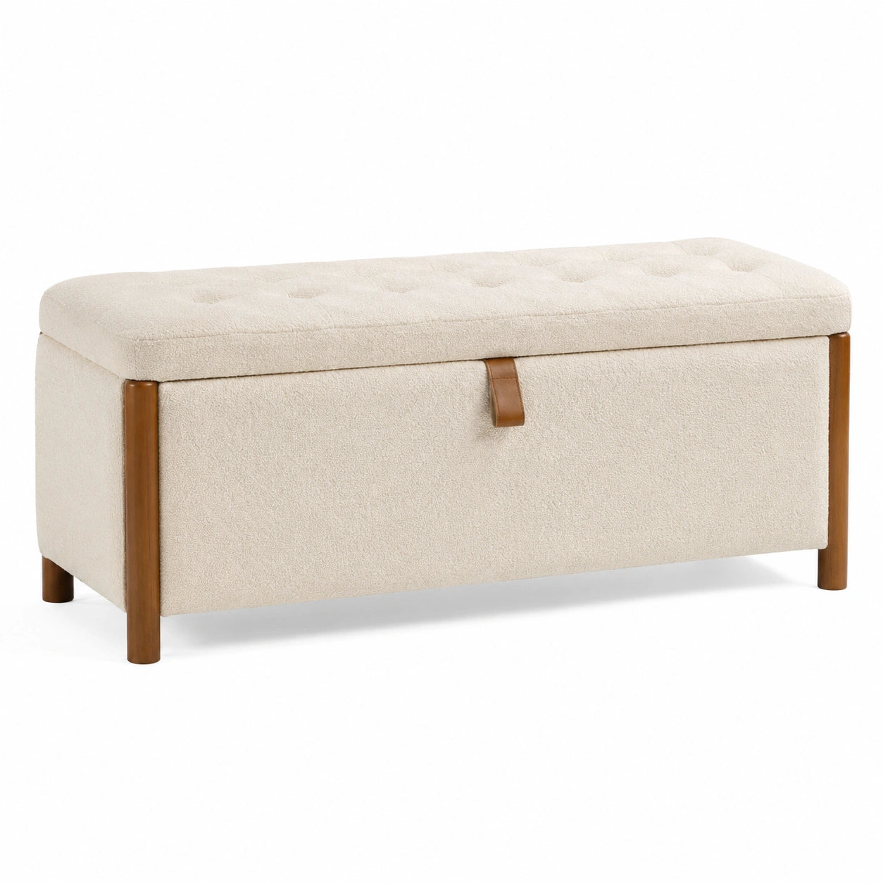 Gepolsterte Sitzbank mit Stauraum, 110 × 40 × 45 cm, Bouclé-Bezug in Creme und braune Holzbeine