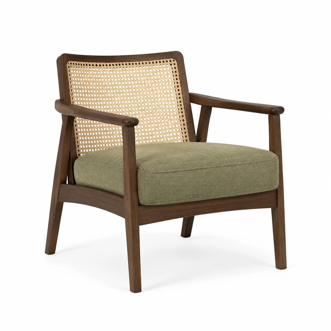 Retro-Loungesessel aus Holz mit Rattangeflecht und Stoffpolsterung, Braun/Beige/Grün, 70 × 75 × 80 cm