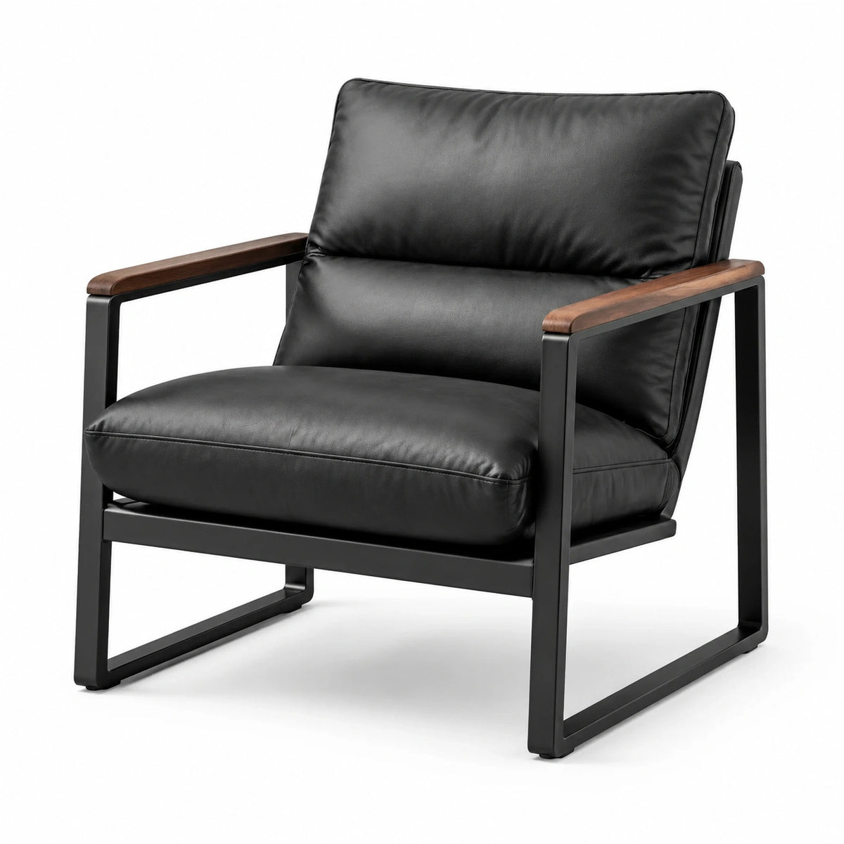 Loungesessel aus schwarzem Kunstleder mit Metallrahmen und Holzarmlehnen, 76 × 82 × 82 cm