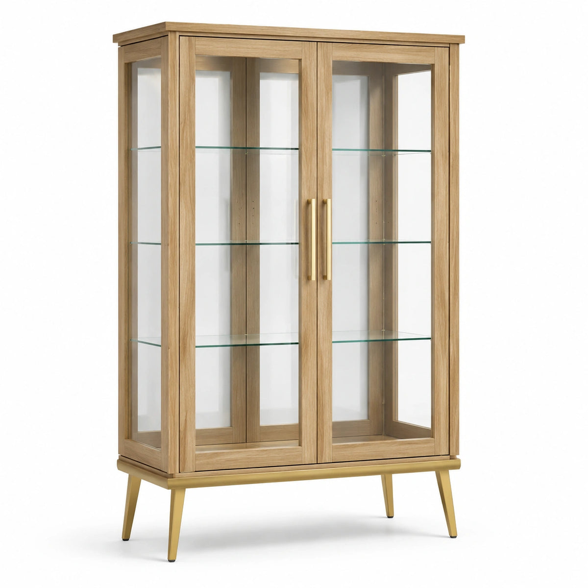 Freistehende Vitrine mit 2 Glastüren und 3 Glasböden, Natur/Messingfarben/Transparent, 100 × 40 × 160 cm