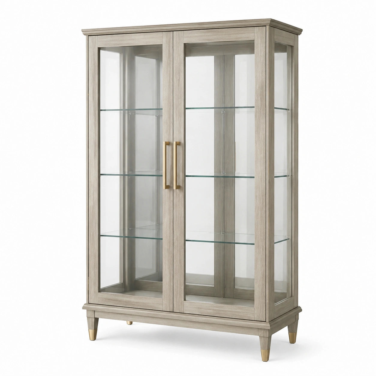 Vitrinenschrank mit 2 Glastüren und 3 Glasböden, Grau/Transparent/Goldfarben, 100 × 40 × 180 cm