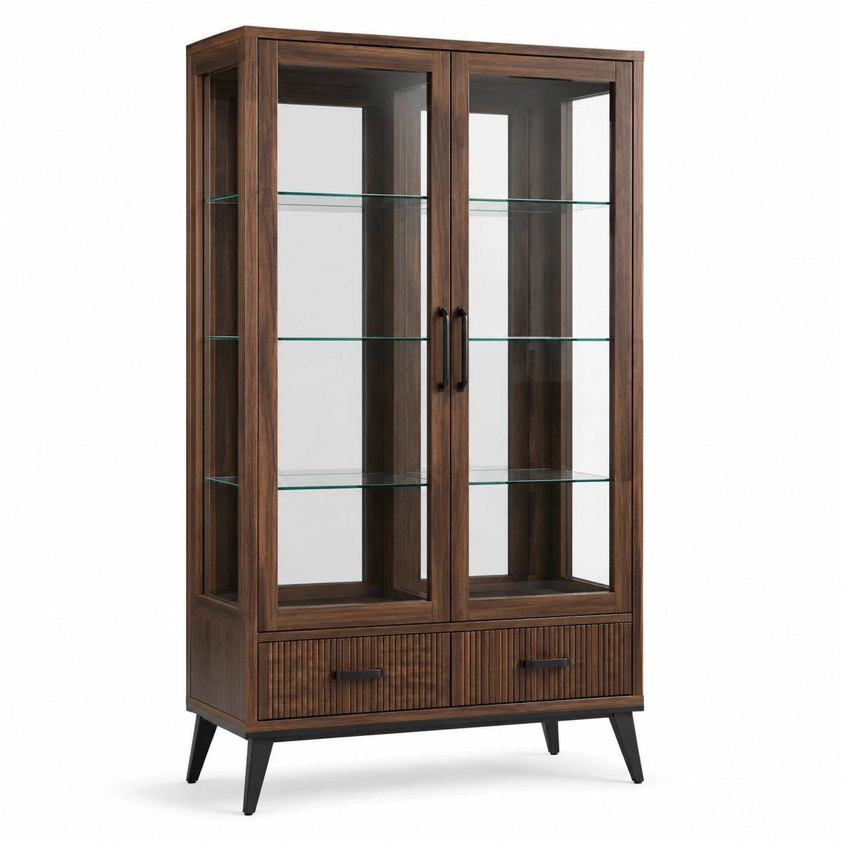 Vitrinenschrank 100 × 40 × 180 cm in Braun mit 2 Glastüren, 3 Glasböden und 2 Schubladen