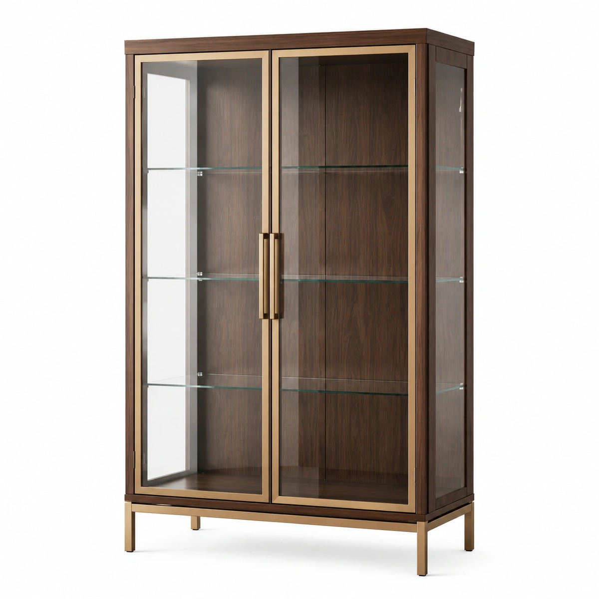 Vitrine aus Holzwerkstoff, Glas und Metall, Dunkelbraun/Gold/Transparent, 100 × 40 × 180 cm, 2 Türen und 3 Glasböden