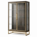 Moderne Vitrine aus Holzwerkstoff, Glas und Metall, 100 × 40 × 180 cm, Dunkelbraun/Gold/Transparent, mit 2 Glastüren und 3 Glasböden