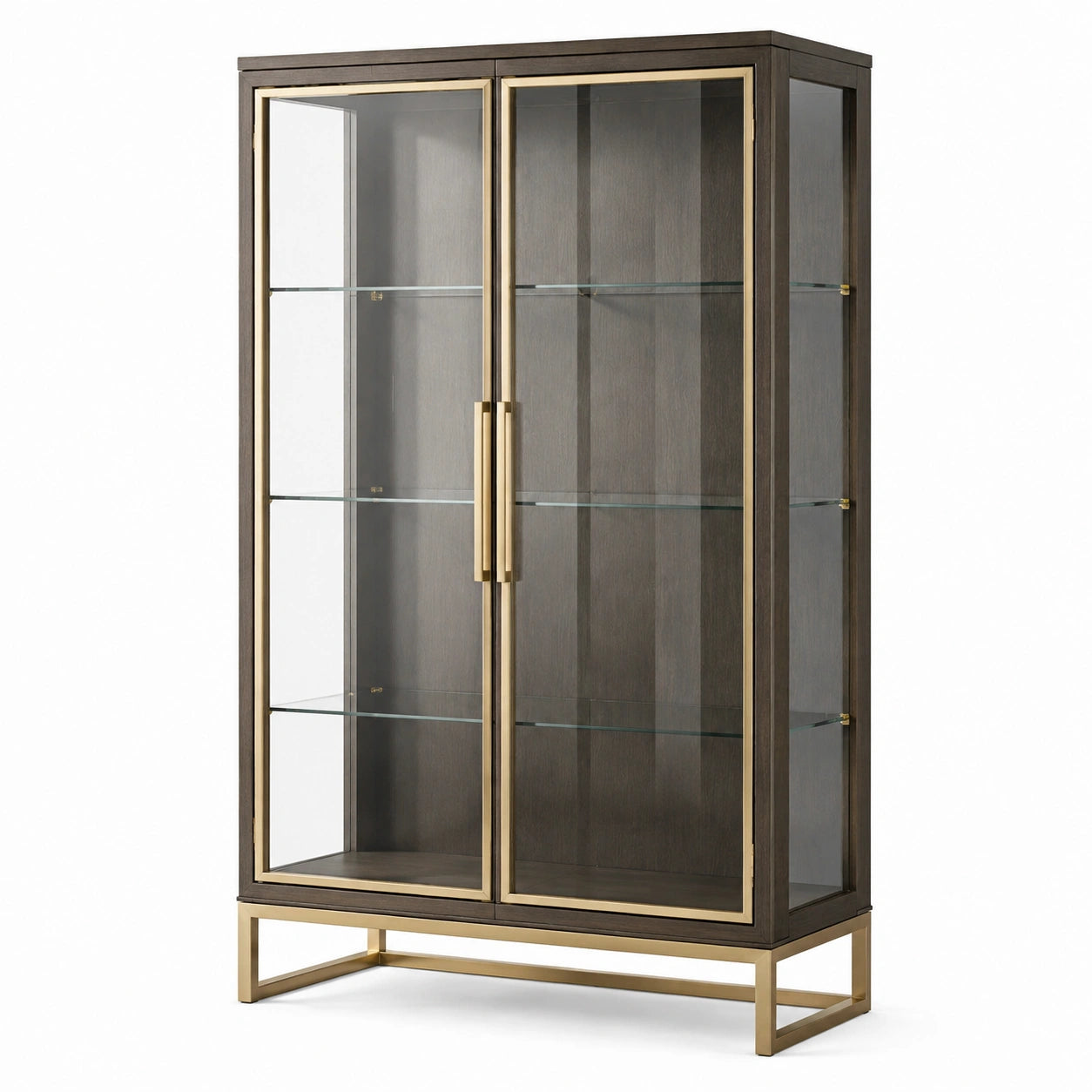 Moderne Vitrine aus Holzwerkstoff, Glas und Metall, 100 × 40 × 180 cm, Dunkelbraun/Gold/Transparent, mit 2 Glastüren und 3 Glasböden