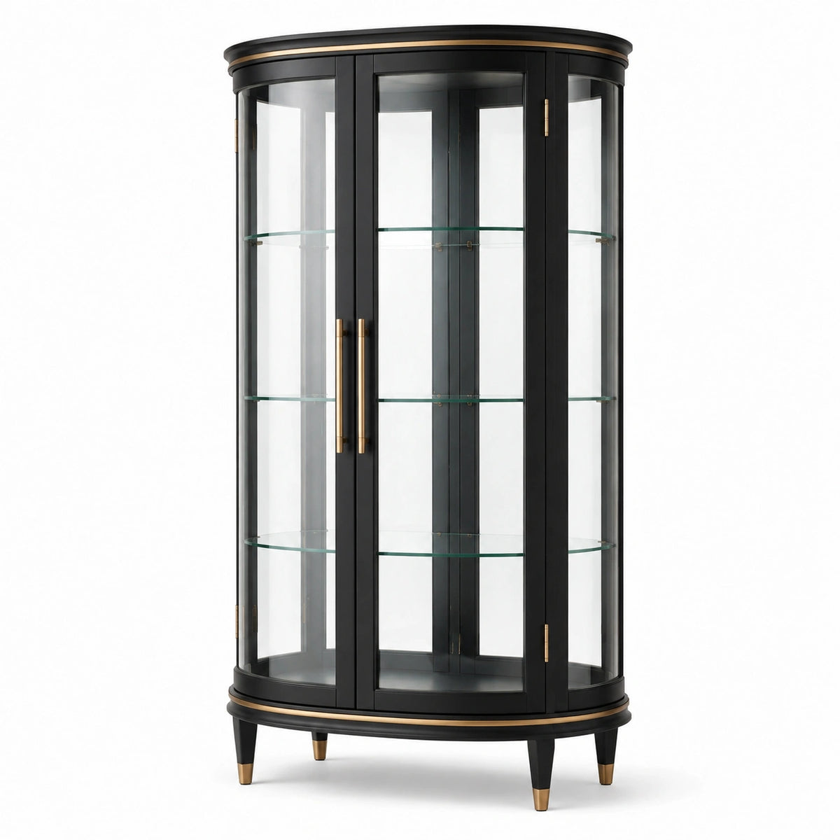 Klassische Vitrine mit 3 Glasböden und 2 Glastüren, Schwarz/Goldfarben/Transparent, 100 × 45 × 190 cm