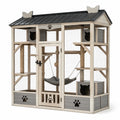 Katzengehege aus Holz und Metallgitter mit Schutzdach, Kletterplattformen und Katzenhäusern, 200 × 100 × 200 cm, Beige/Grau/Schwarz
