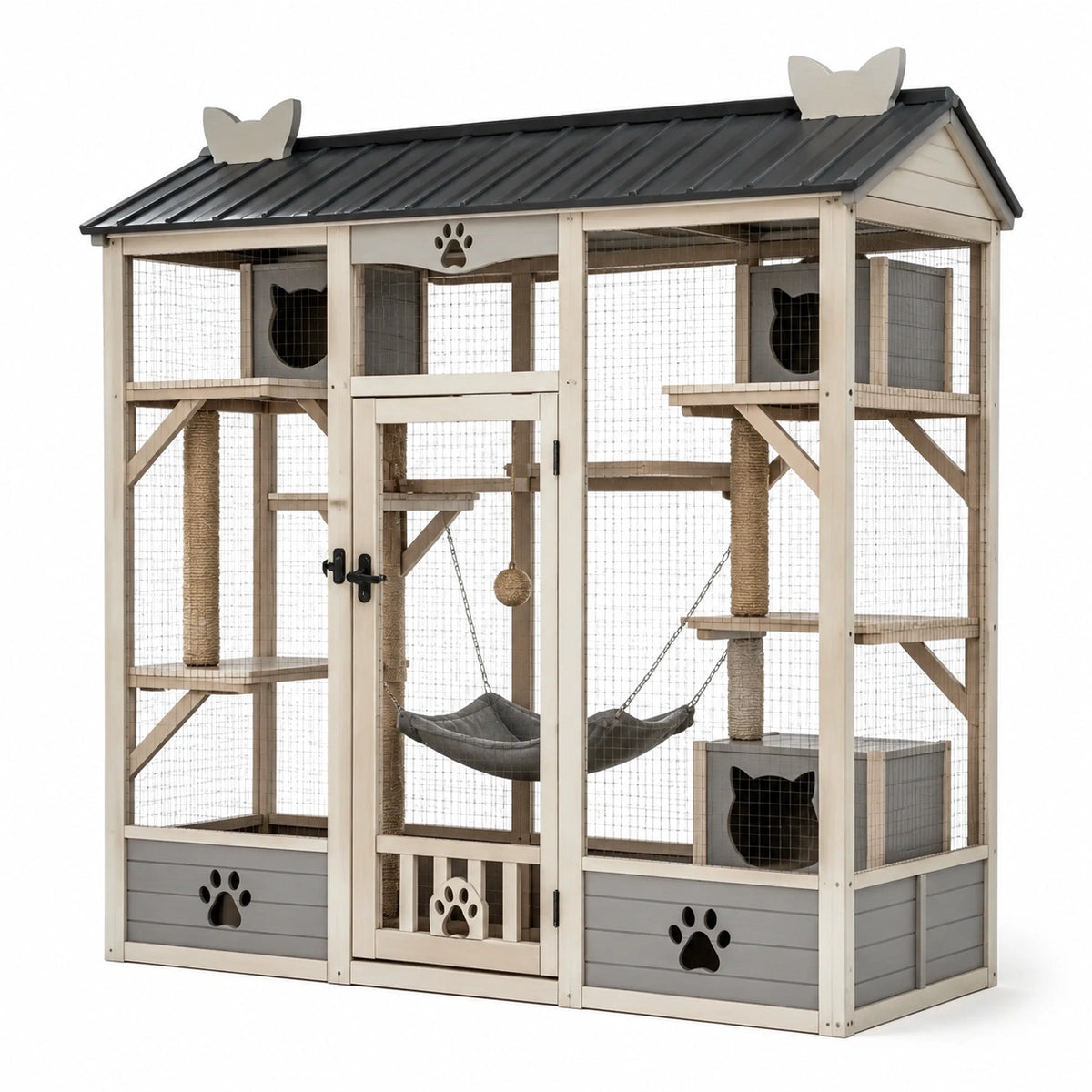 Katzengehege aus Holz und Metallgitter mit Schutzdach, Kletterplattformen und Katzenhäusern, 200 × 100 × 200 cm, Beige/Grau/Schwarz