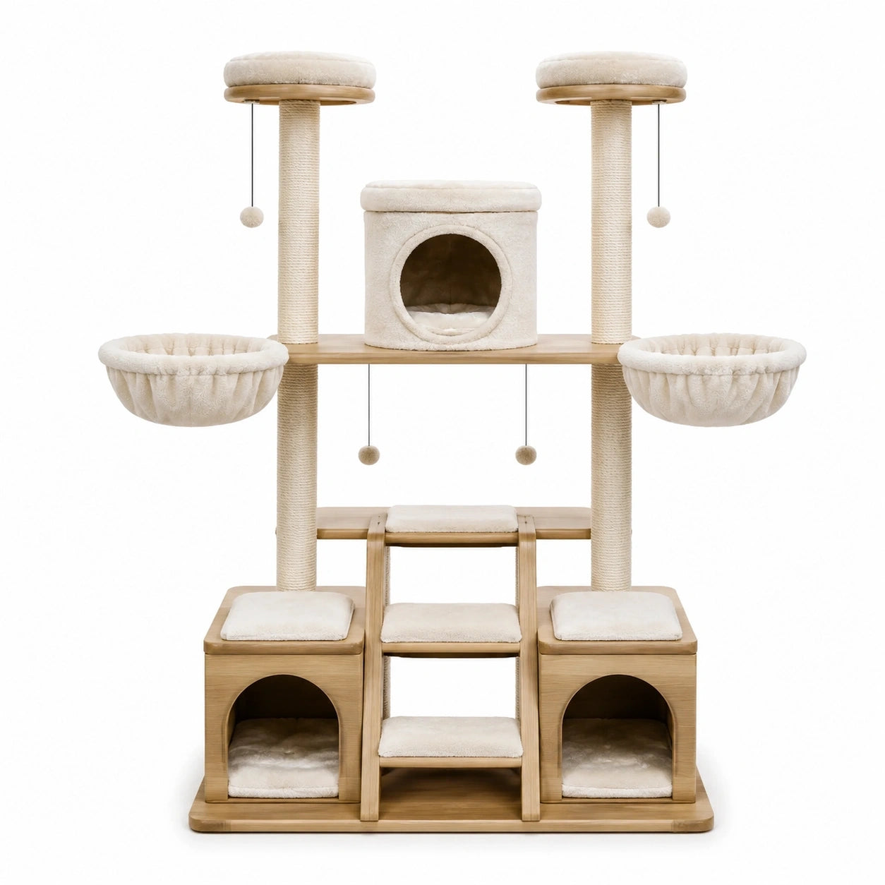 Kratzbaum aus Holzwerkstoff mit Sisal und Plüsch, Natur/Creme, 175 × 60 × 190 cm, mit 3 Katzenhöhlen, 2 Hängematten, Treppe und Liegeflächen