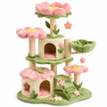 Kratzbaum im Blumendesign, 96 × 60 × 135 cm, Rosa/Grün/Beige/Gelb, mit 2 Höhlen, Liegemulde, Rampe und Liegeflächen