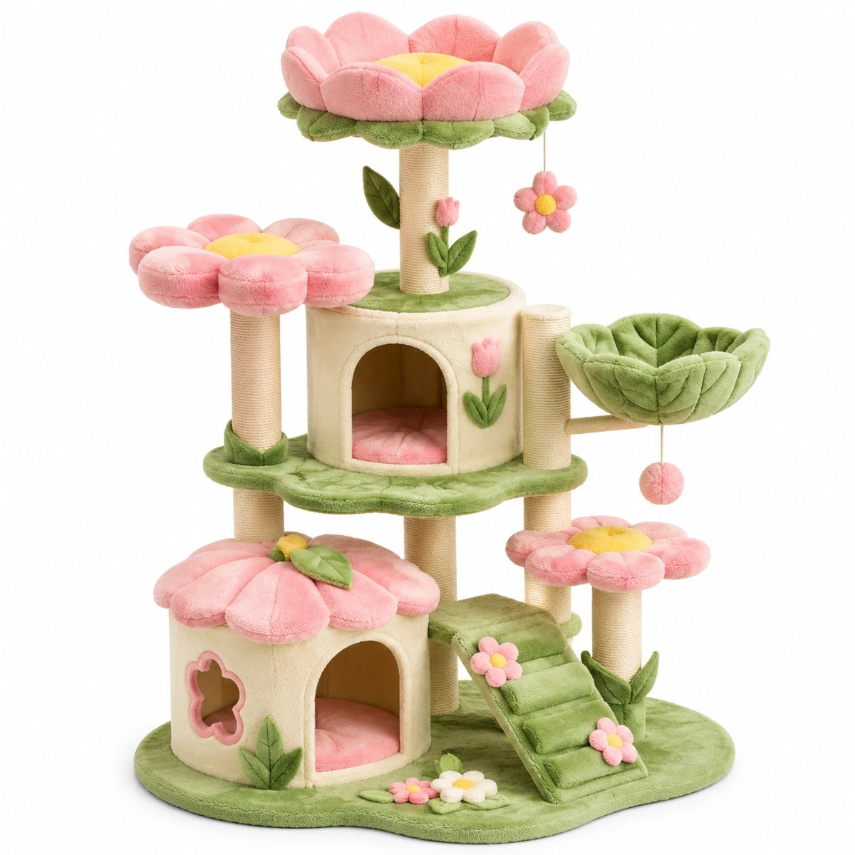 Kratzbaum im Blumendesign, 96 × 60 × 135 cm, Rosa/Grün/Beige/Gelb, mit 2 Höhlen, Liegemulde, Rampe und Liegeflächen