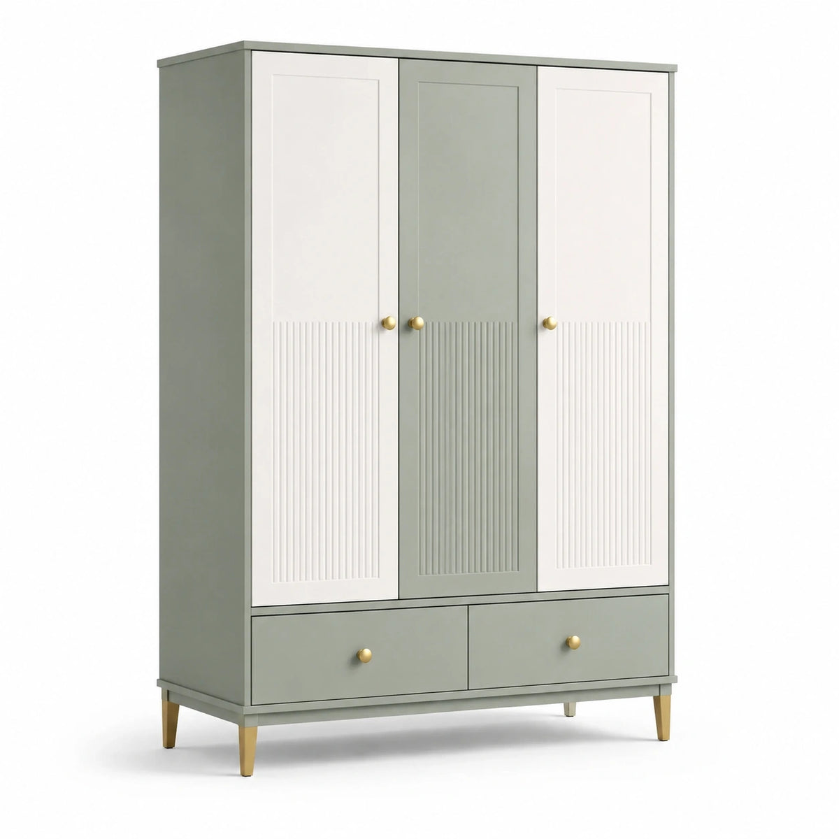 Kleiderschrank mit 3 Türen und 2 Schubladen, Salbeigrün/Weiß/Gold, 120 × 55 × 190 cm