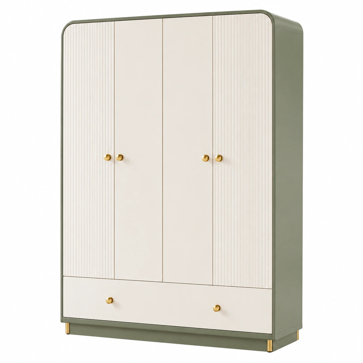 Kleiderschrank mit 4 Türen und 1 Schublade, Cremeweiß/Salbeigrün/Gold, 160 × 55 × 200 cm