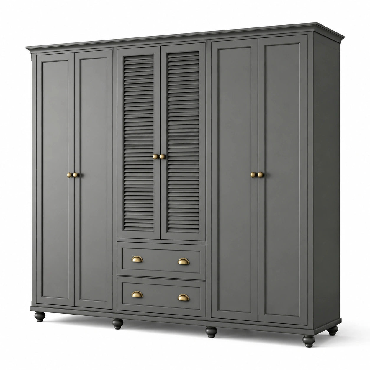 Kleiderschrank mit 6 Türen und 2 Schubladen, 240 × 60 × 220 cm, Anthrazit mit messingfarbenen Griffen, Landhausstil