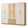Kleiderschrank mit 6 Türen und 2 Schubladen, 300 × 52 × 220 cm, Creme und Natureiche mit Rattanoptik