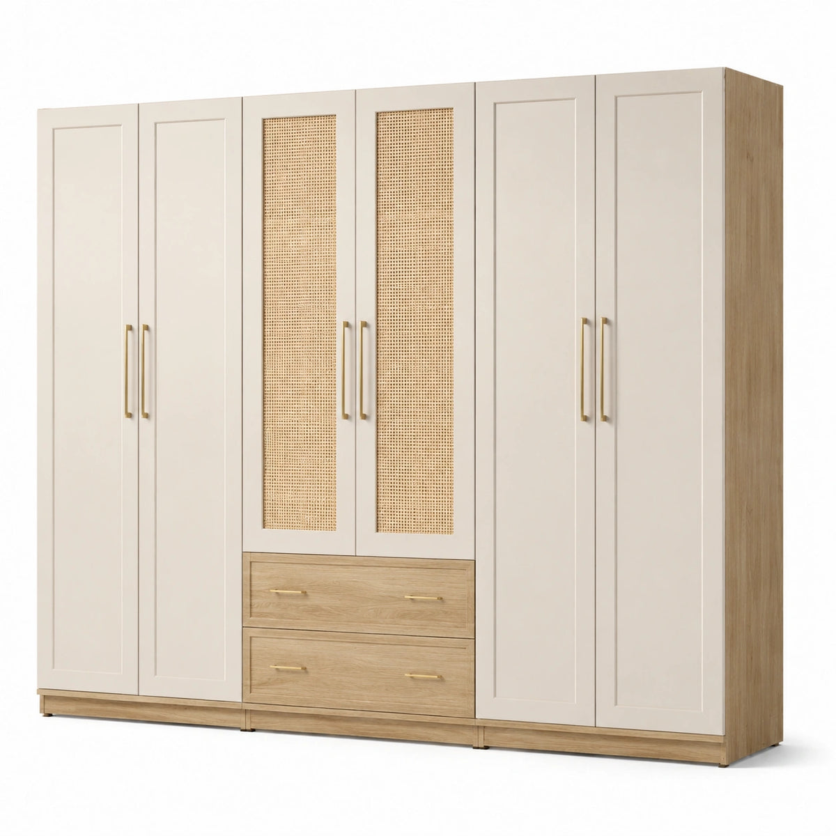 Kleiderschrank mit 6 Türen und 2 Schubladen, 300 × 52 × 220 cm, Creme und Natureiche mit Rattanoptik