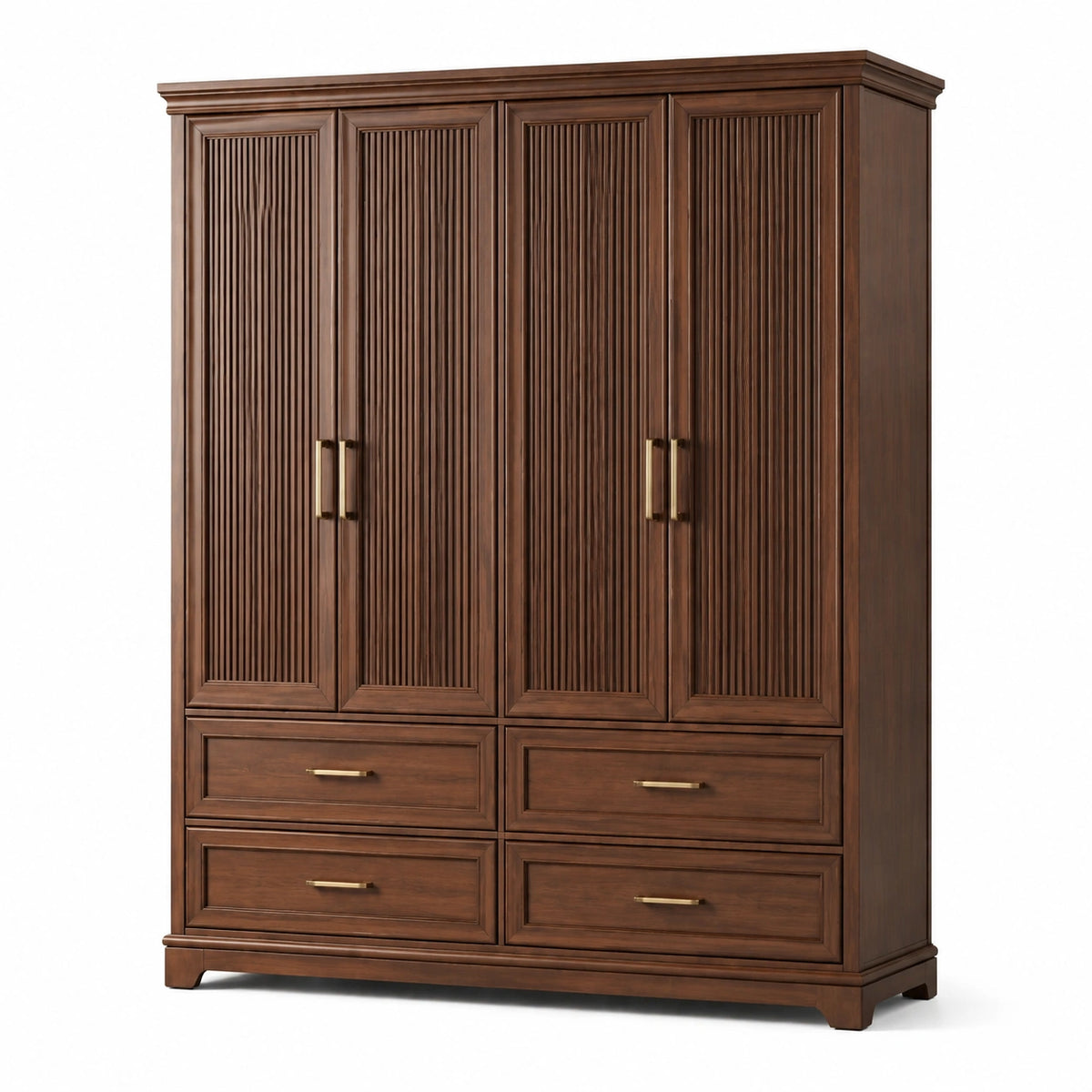 Kleiderschrank mit 4 Türen und 4 Schubladen, 180 × 60 × 220 cm, Braun mit messingfarbenen Griffen