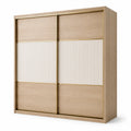 Moderner Kleiderschrank mit 2 Schiebetüren, 200 × 60 × 220 cm, Eiche/Beige/Goldfarben