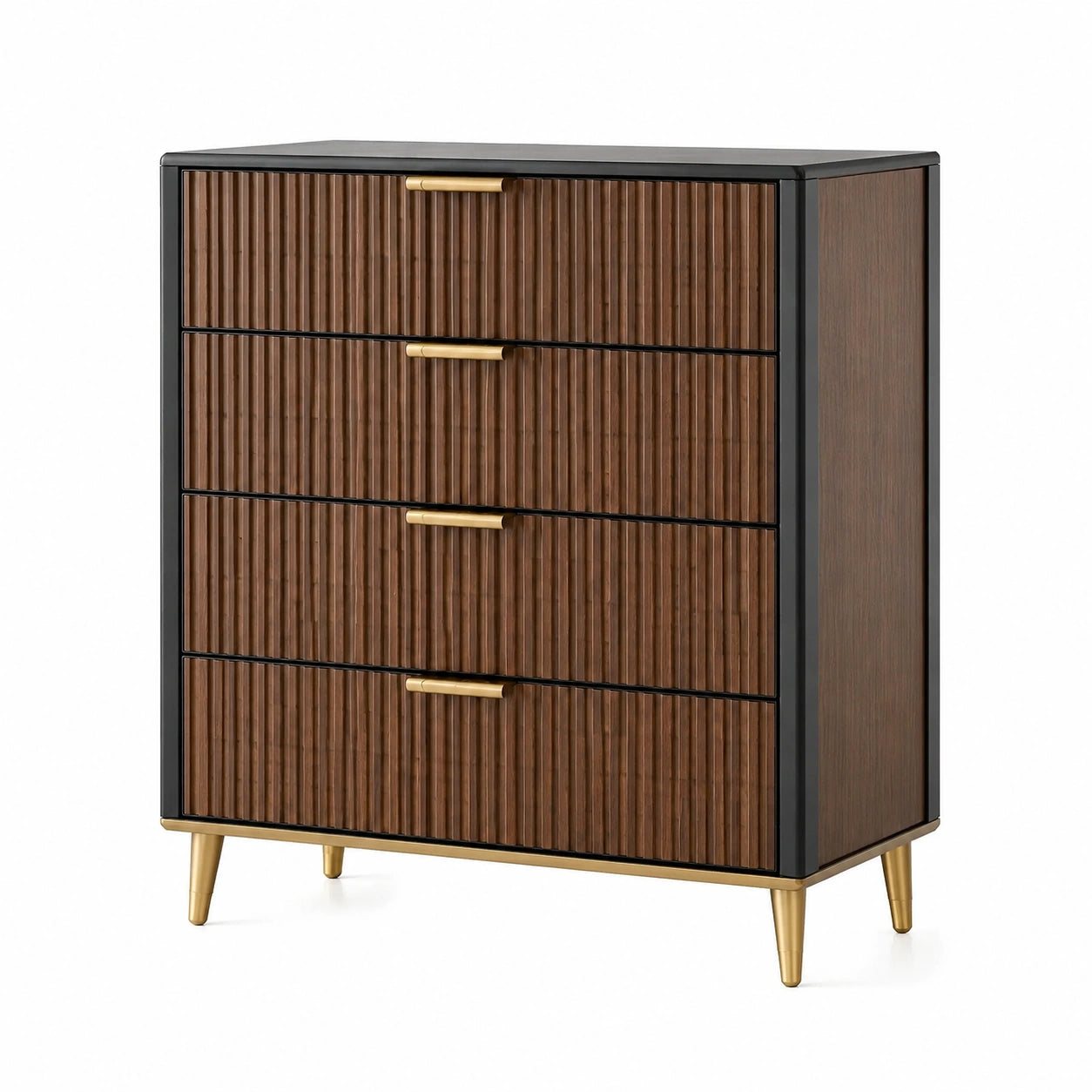 Schubladenkommode mit 4 Schubladen und geriffelten Fronten, 80 × 40 × 100 cm, Braun/Schwarz/Gold