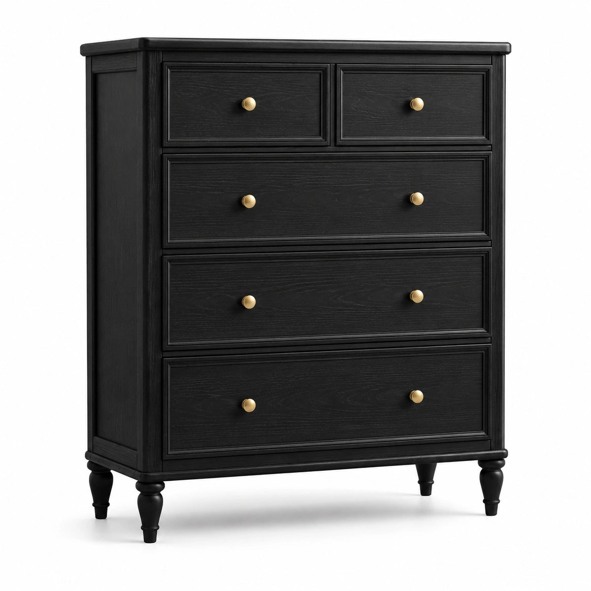 Hohe Holzkommode mit 5 Schubladen, Schwarz/Messingfarben, 90 × 45 × 115 cm