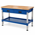 Stahl-Holz-Werkbank mit 2 Schubladen und Gitterablage, 120 × 60 × 90 cm, Blau/Natur/Silber/Schwarz
