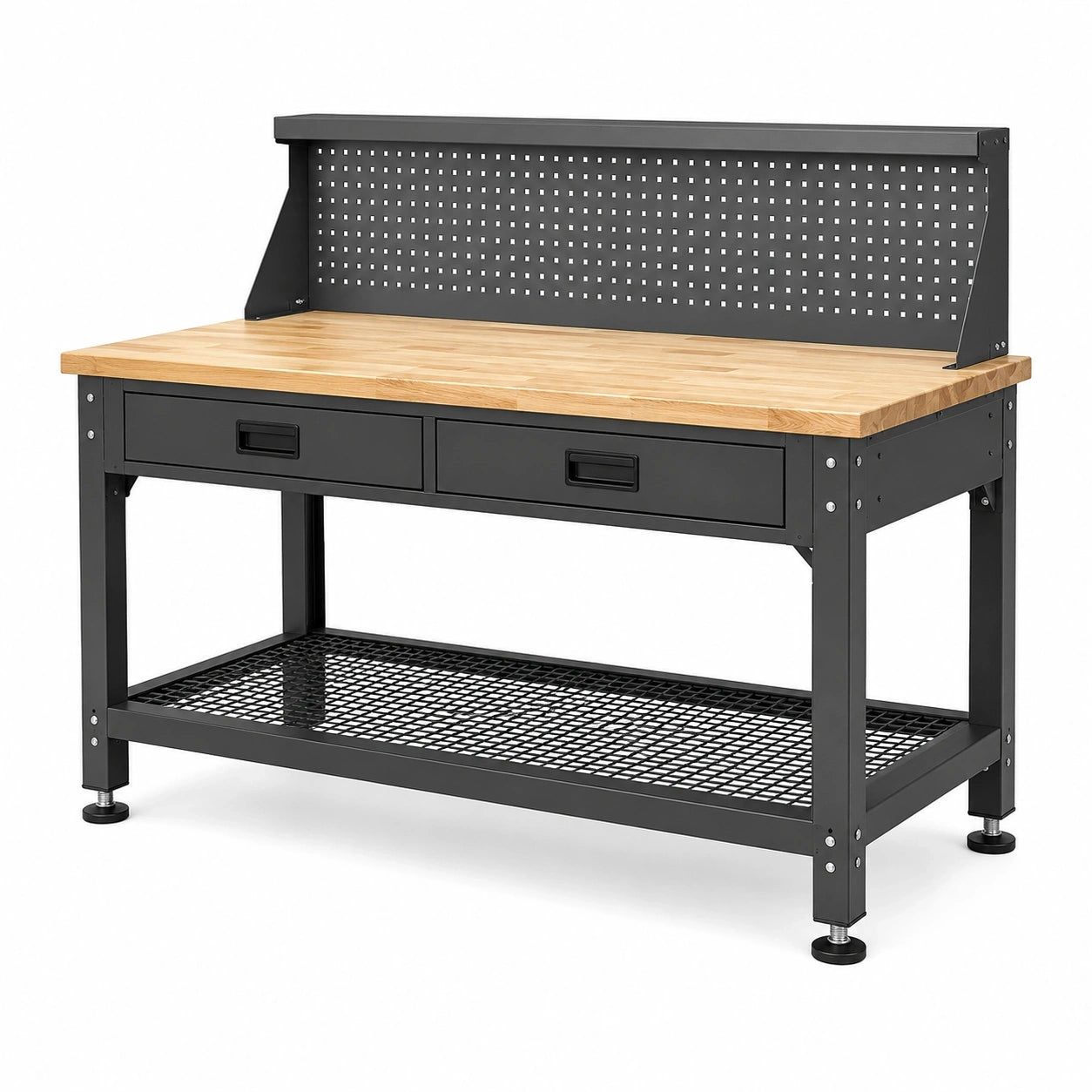 Werkbank aus Stahl und Holz mit Lochwand, 2 Schubladen und Ablage, 120 × 60 × 150 cm, Schwarz/Natur