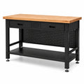 Werkbank aus Stahl und Bambus mit 2 Schubladen und Ablage, Schwarz/Natur, 120 × 60 × 90 cm