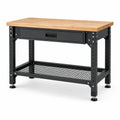 Robuste Werkbank aus Massivholz und Stahl mit Schublade und Gitterablage, 120 × 60 × 90 cm, Natur/Schwarz
