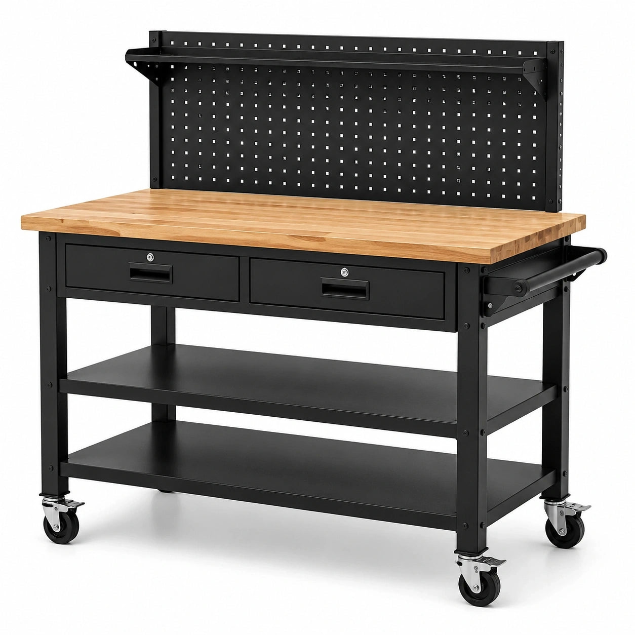 Mobile Werkbank 120 × 60 × 145 cm, Schwarz/Natur, mit Lochwand, 2 Schubladen, 3 Ablagen und Rollen
