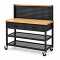 Mobile Werkbank aus Stahl und Bambus, 120 × 60 × 155 cm, Schwarz/Natur, mit Lochwand, 2 Schubladen, 2 Gitterablagen und 4 Rollen
