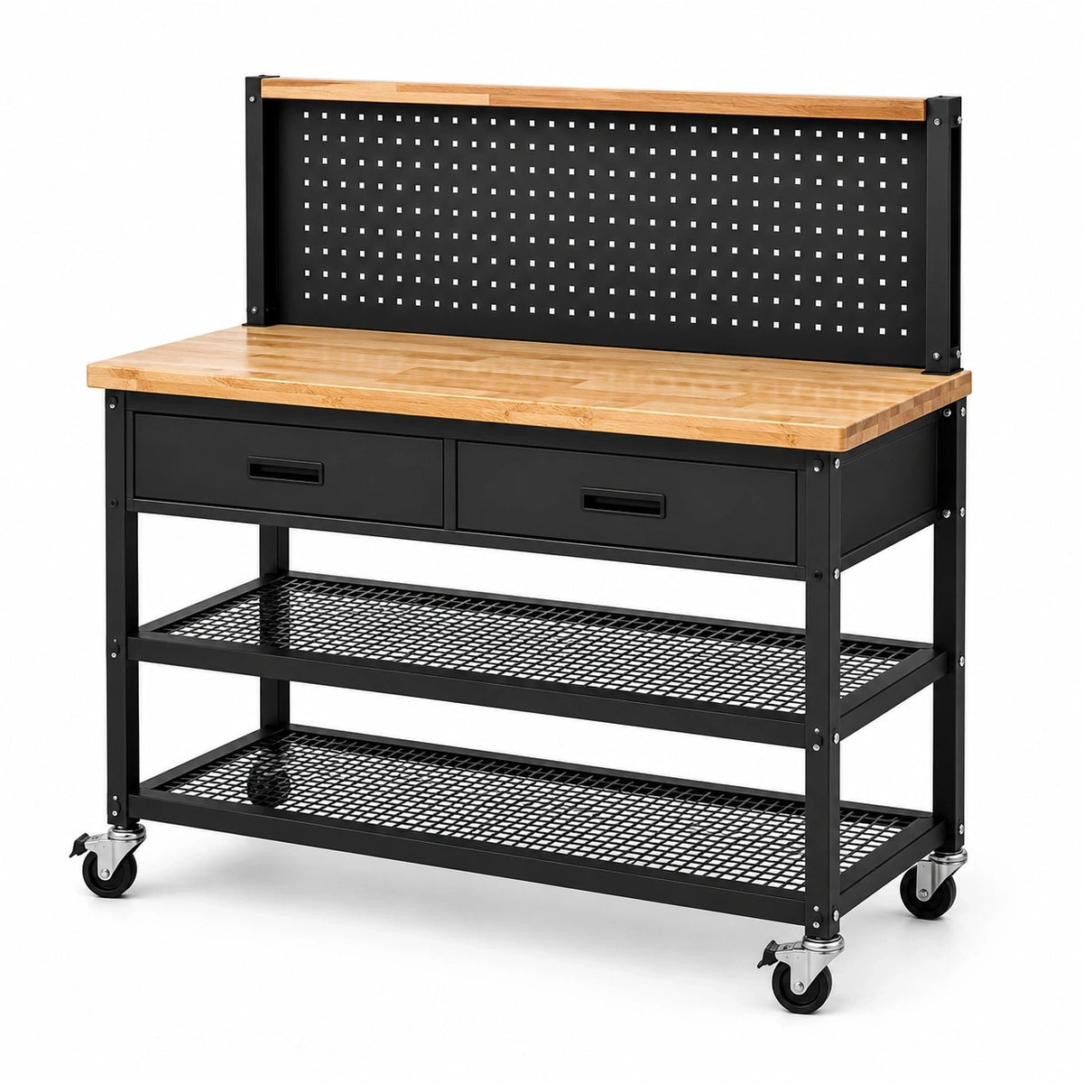 Mobile Werkbank aus Stahl und Bambus, 120 × 60 × 155 cm, Schwarz/Natur, mit Lochwand, 2 Schubladen, 2 Gitterablagen und 4 Rollen