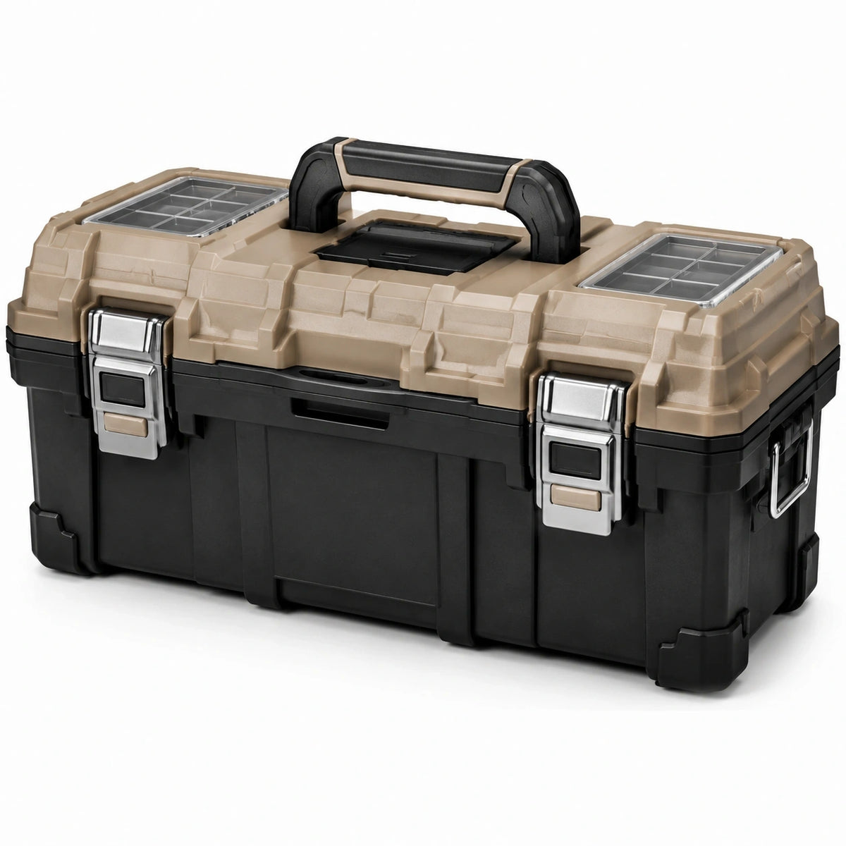 Tragbarer Werkzeugkoffer mit Deckelfächern und Metallverschlüssen, 55 × 28 × 28 cm, Schwarz/Beige