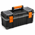 Robuster Werkzeugkoffer aus Kunststoff mit Deckelfächern und Tragegriff, 55 × 27 × 28 cm, Schwarz/Grau/Orange/Transparent