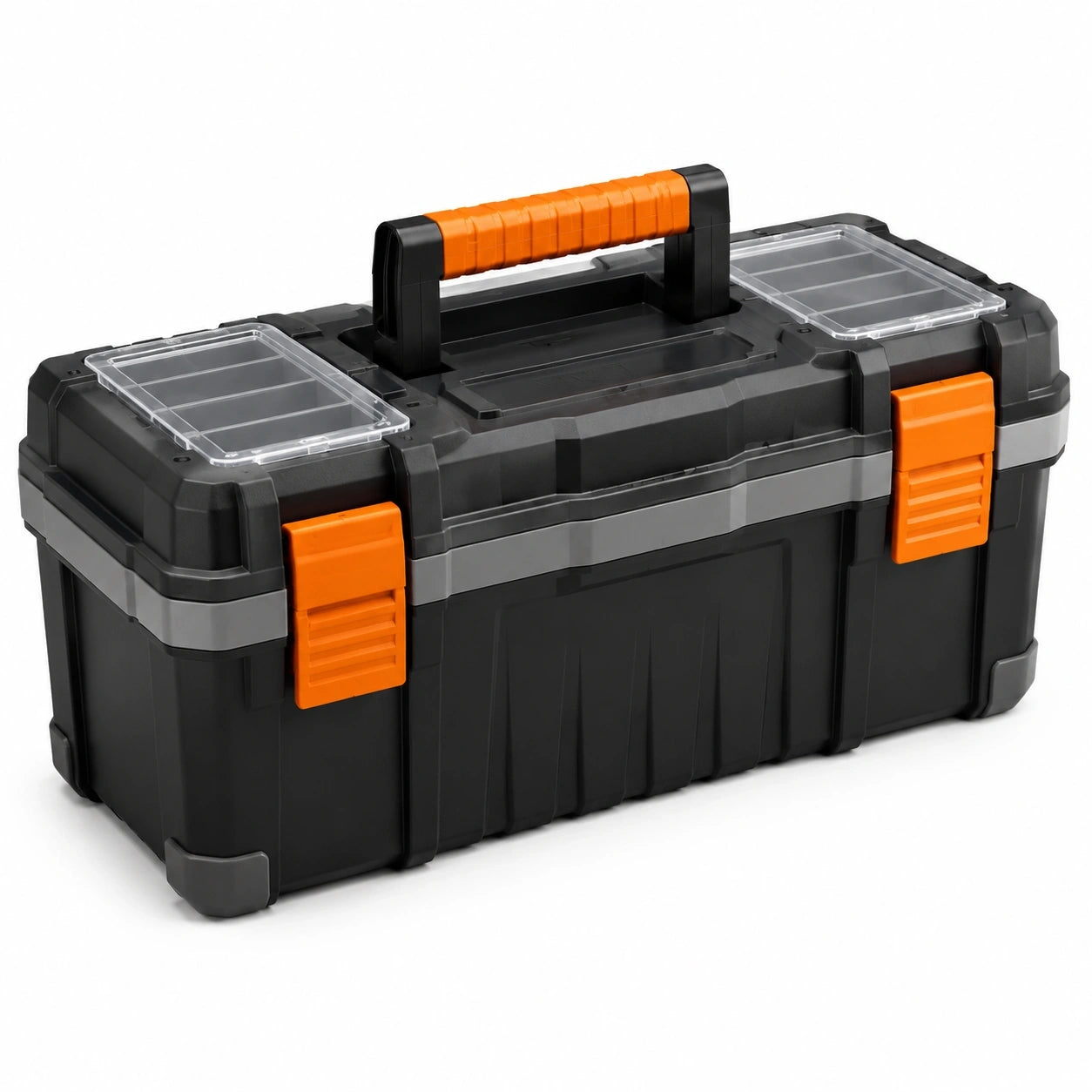 Robuster Werkzeugkoffer aus Kunststoff mit Deckelfächern und Tragegriff, 55 × 27 × 28 cm, Schwarz/Grau/Orange/Transparent