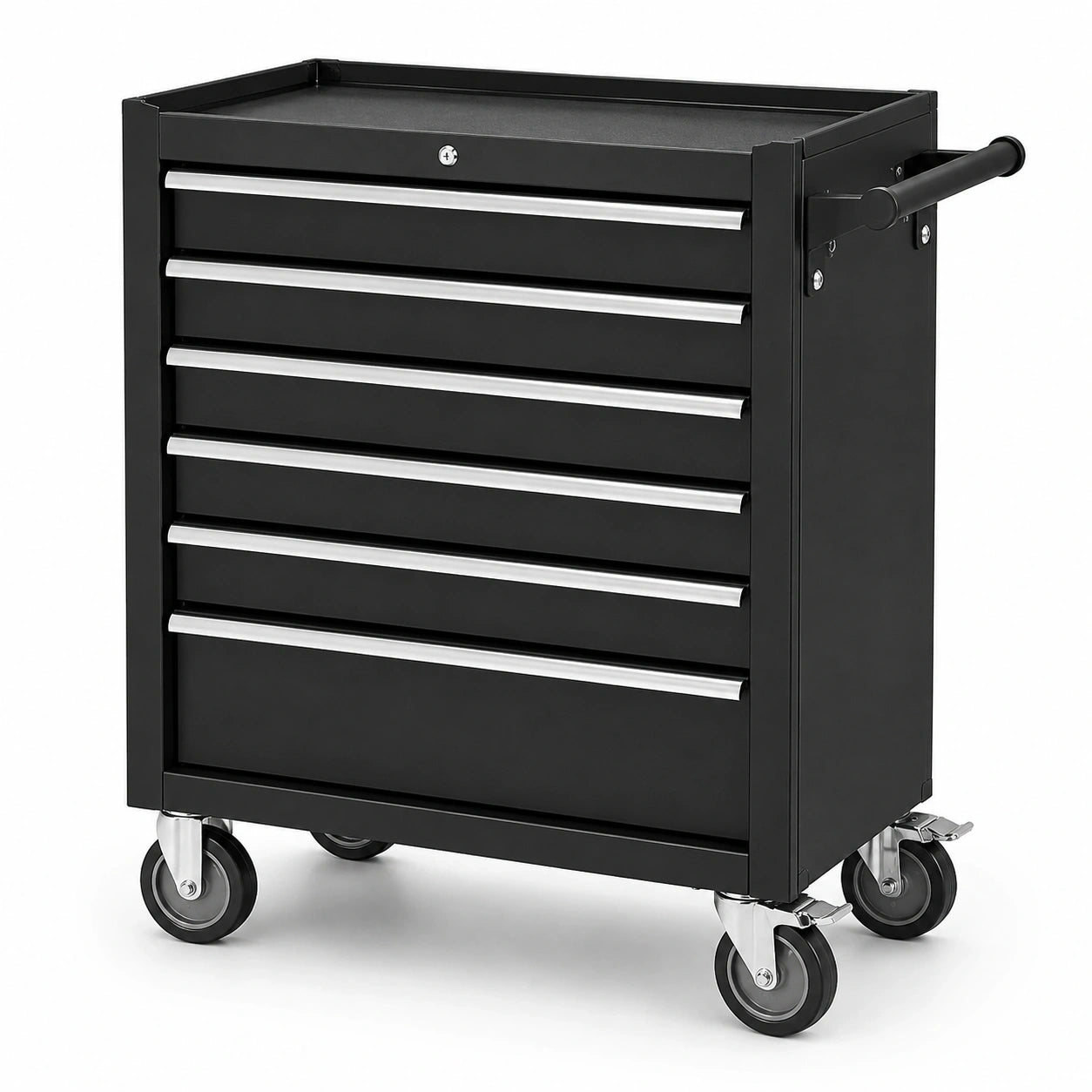 Abschließbarer Werkzeugwagen aus Stahl mit 6 Schubladen und Rollen, Schwarz/Silber, 69 × 33 × 75 cm