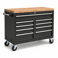 Werkzeugwagen aus Stahl mit Holzarbeitsplatte, Schwarz/Silber/Natur, 110 × 50 × 95 cm, 9 abschließbare Schubladen und 4 Lenkrollen