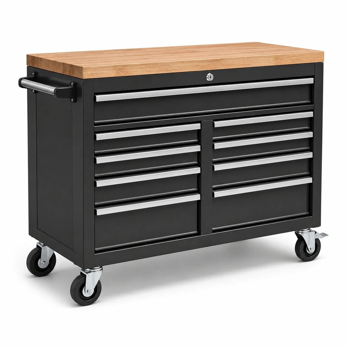 Werkzeugwagen aus Stahl mit Holzarbeitsplatte, Schwarz/Silber/Natur, 110 × 50 × 95 cm, 9 abschließbare Schubladen und 4 Lenkrollen
