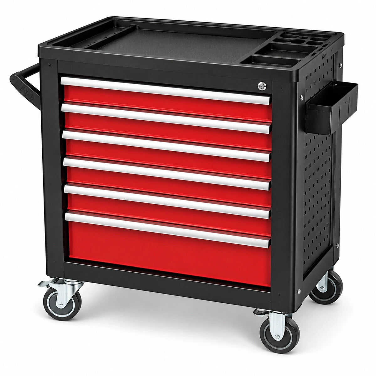 Werkstattwagen aus Stahl mit 6 Schubladen und Rollen, 77 × 47 × 98 cm, Rot/Schwarz/Silber