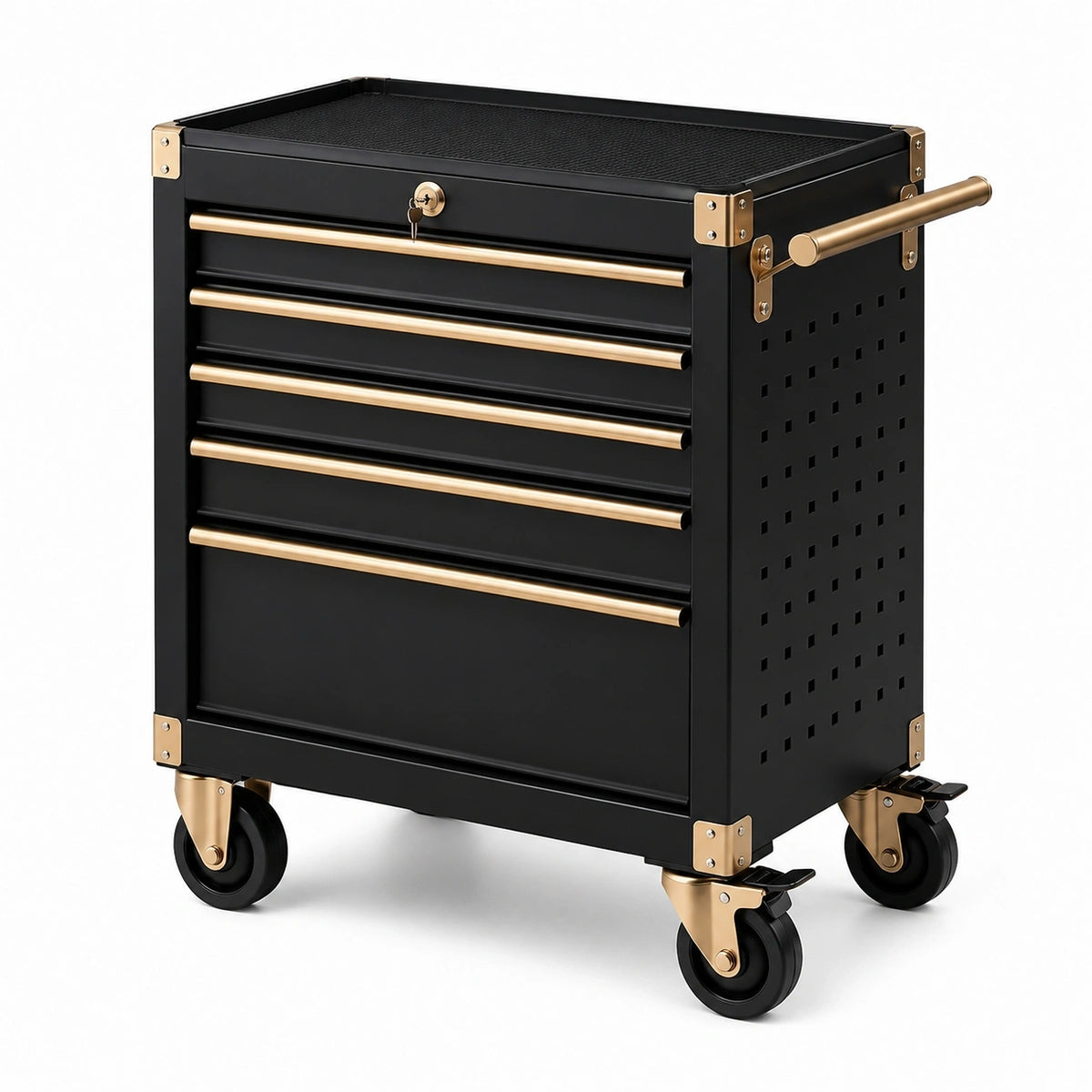 Mobiler Werkzeugwagen aus Stahl mit 5 Schubladen und Rollen, 79 × 48 × 88 cm, Schwarz/Gold