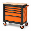 Werkzeugwagen aus Stahl mit 6 Schubladen, Holzarbeitsplatte und Zentralverriegelung, rollbar, 77 × 46 × 92 cm, Schwarz/Orange/Natur