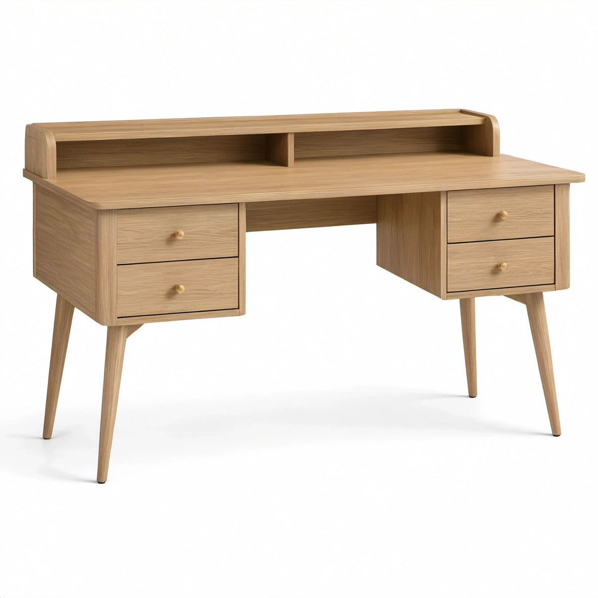 Schreibtisch aus Holzwerkstoff in Natur-Eiche, 140 × 60 × 95 cm, mit 4 Schubladen und Aufsatz