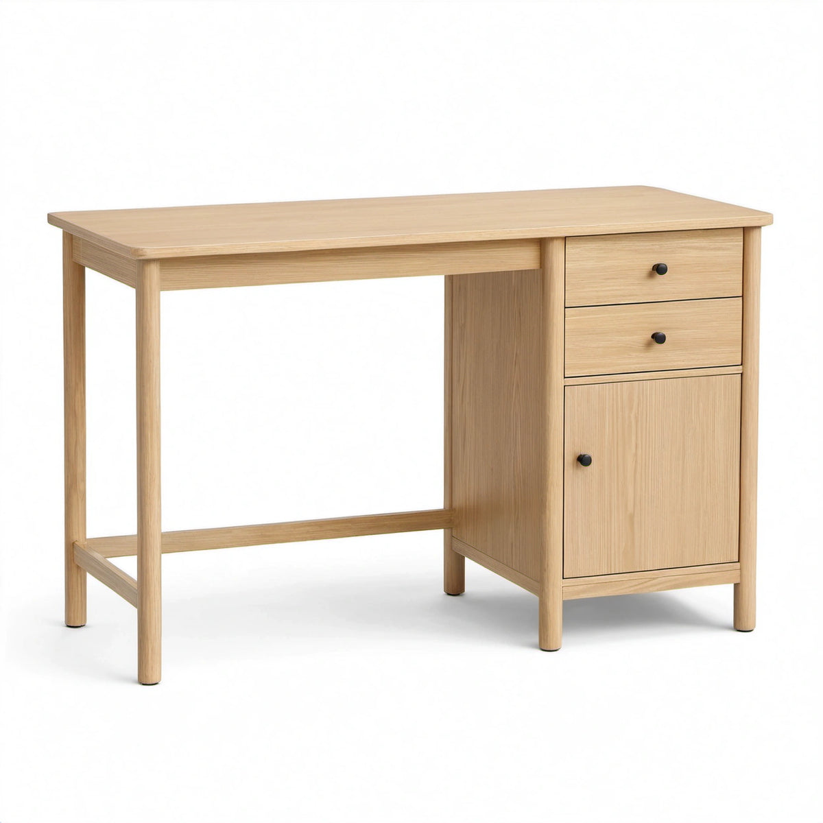 Schreibtisch Natur mit schwarzen Griffen, 120 × 50 × 76 cm, 2 Schubladen und 1 Schrankfach