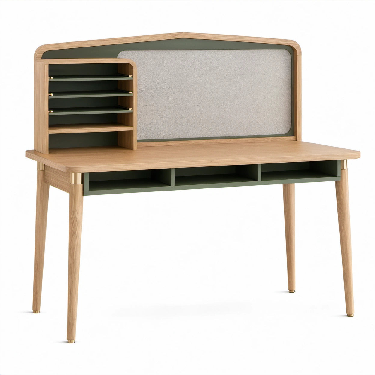 Schreibtisch mit Aufsatz, gepolsterter Rückwand und offenen Ablagefächern, 120 × 60 × 120 cm, Natur/Grün/Beige/Goldfarben