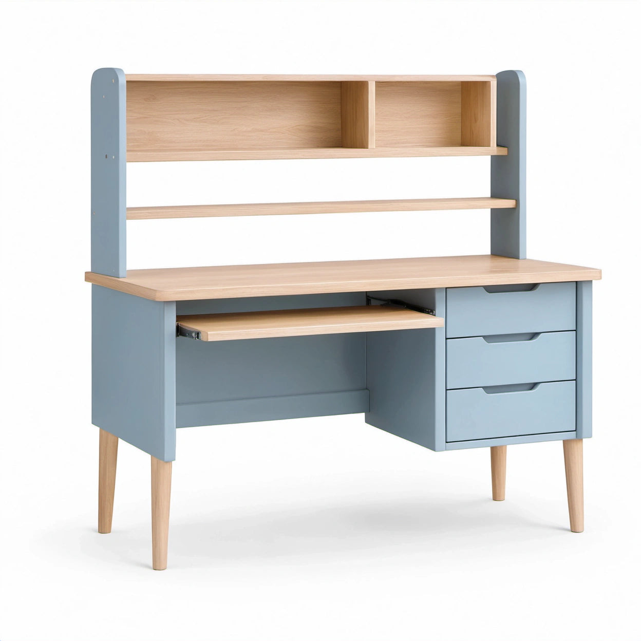 Schreibtisch mit Regalaufsatz, 3 Schubladen und ausziehbarer Ablage, 120 × 60 × 145 cm, Hellblau/Natur